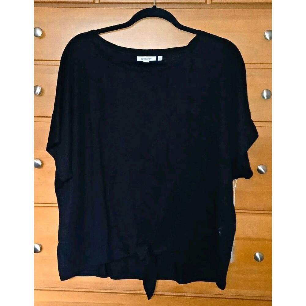 NWT Chicos Womens 2/L Black Linen Knit Round Neck Short Sleeve Tie Pullover Top